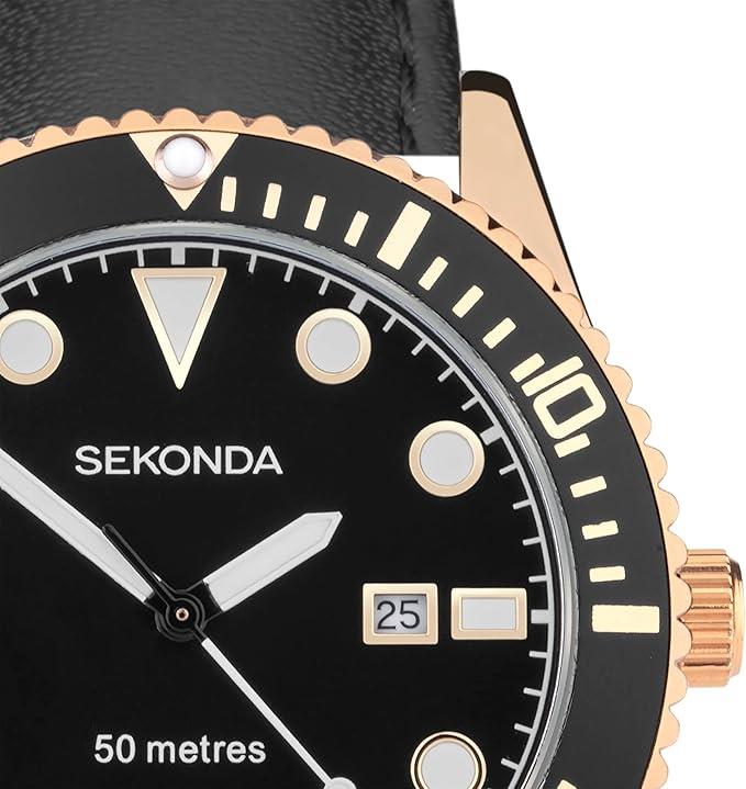 Sekonda Mens Fashion Dive Oceans Herren-Quarz Dated Black Leather Strap Watch