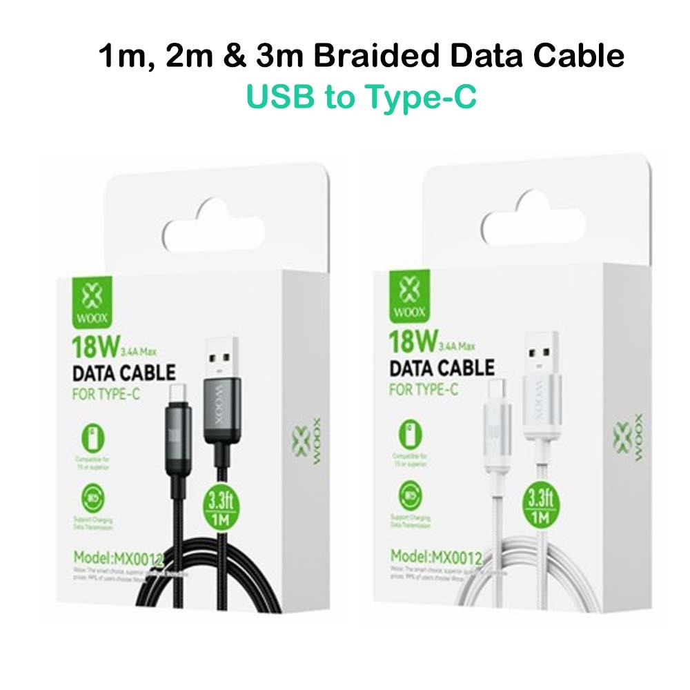 USB to Type C Braided Data Cable, 18W 3.4A Max, 1m/2m/3m, Black/White