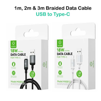 USB to Type C Braided Data Cable, 18W 3.4A Max, 1m/2m/3m, Black/White