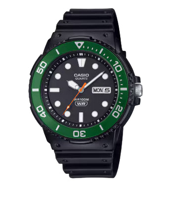 Casio Mens Rotating Green Bezel Black Strap Analogue Watch