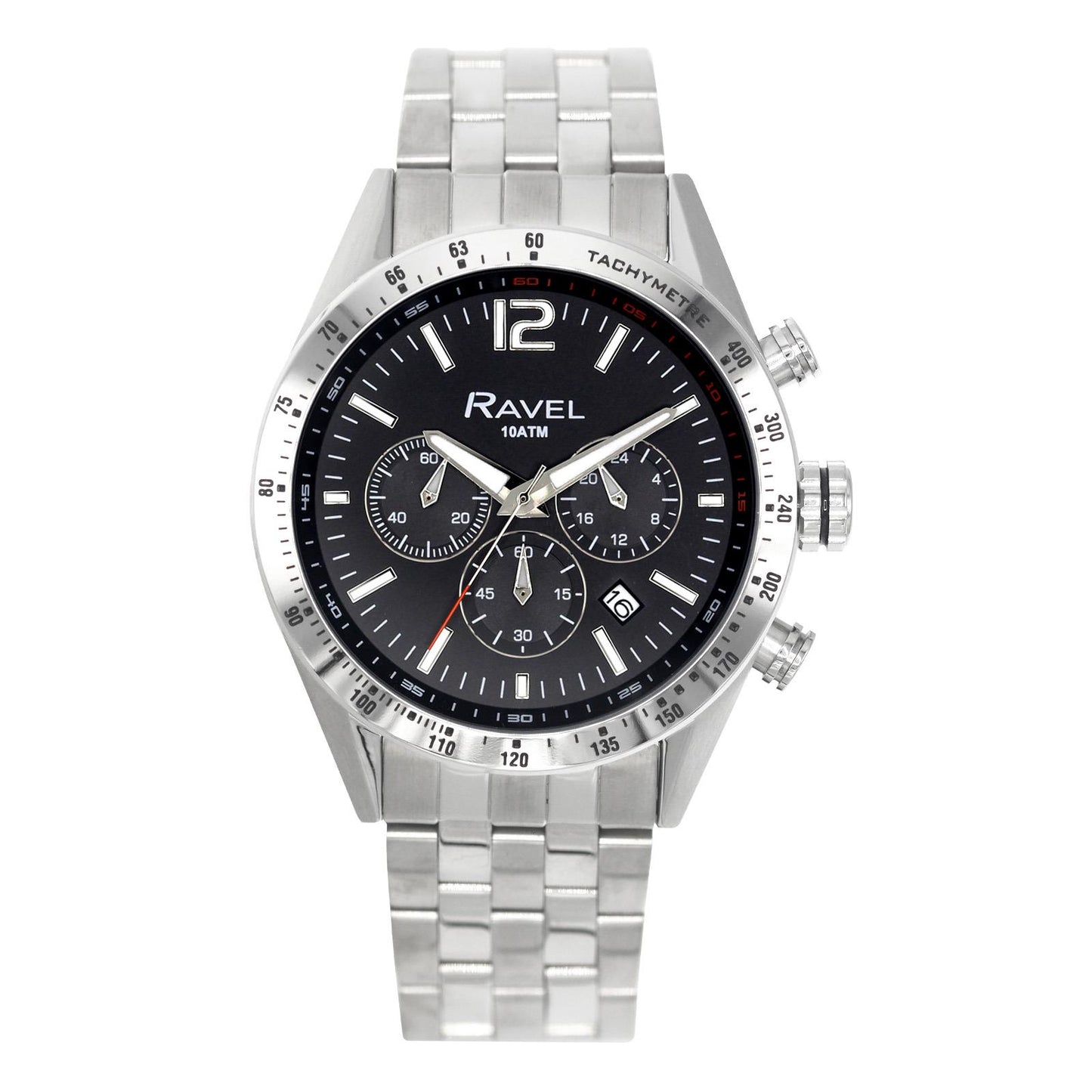 Ravel Mens Fashion 100m Water Resistant Chronograph Dated Dial Silver Plated Bracelet Watch RPR-MB Available Multi Colors