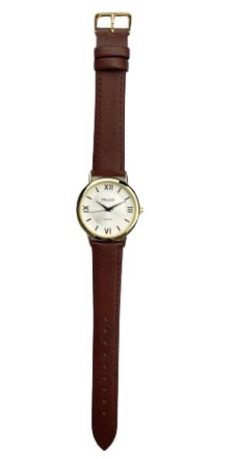 Pelex Mens Roman Number Gold Case White Dial Brown Leather Strap Quartz Watch