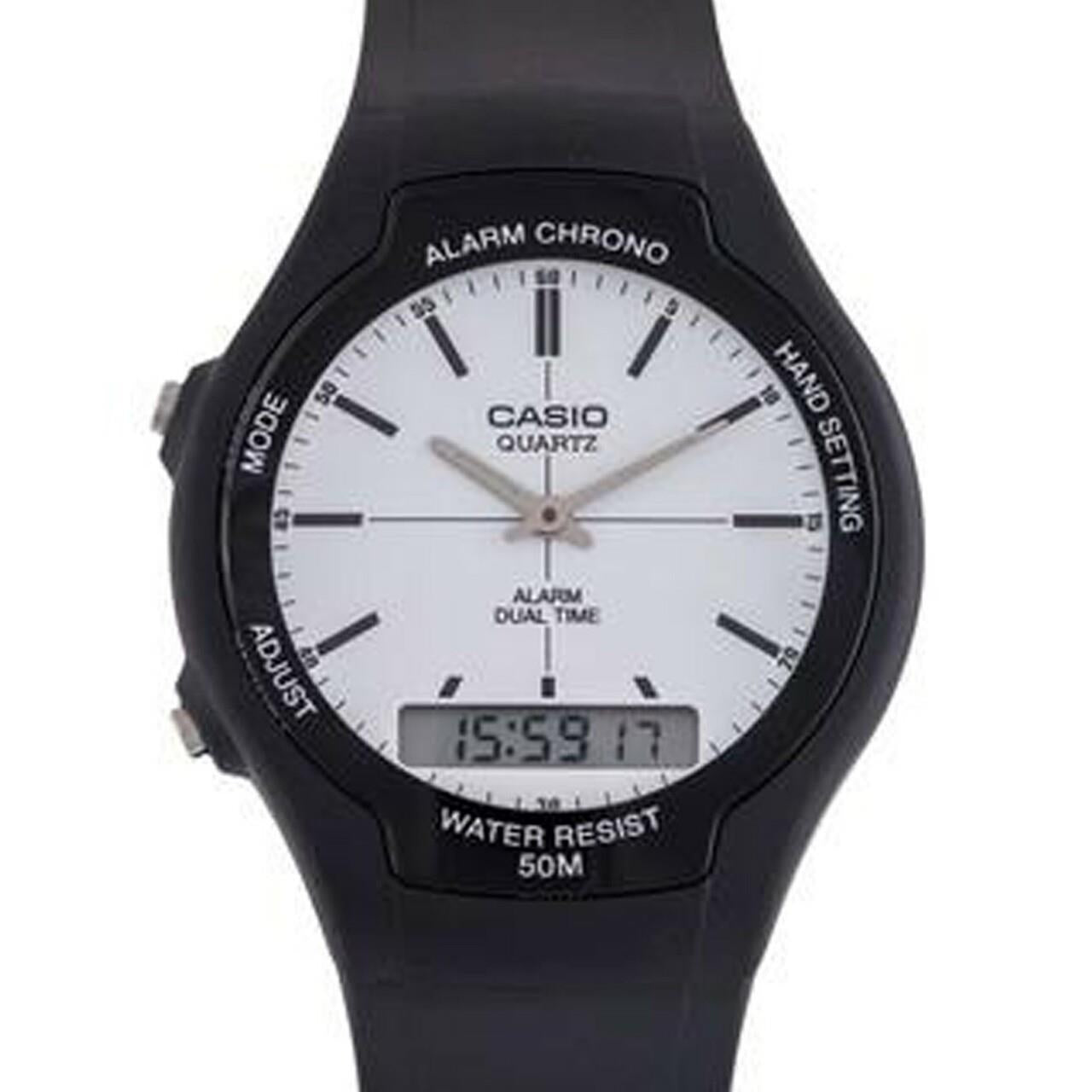 Casio Mens Dual Digital Time Black Rubber Strap Watch - AW-90H Available Multiple Colour