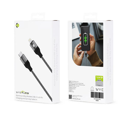 Fast Charging 27W WYEFLOW Aluminum Alloy Braided USB-C to 8 Pin Charging and Syncing Cable
