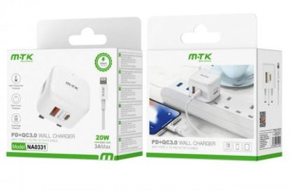 M.TK NA0331 TypeC 20W PD & USB 3A QC Wall Charger with TypeC to Lightening Fast Cable, White Woox