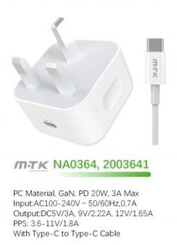 M.TK NA0363 Type-C 20W PD Wall Charger without Cable, 5V 3A, White Woox