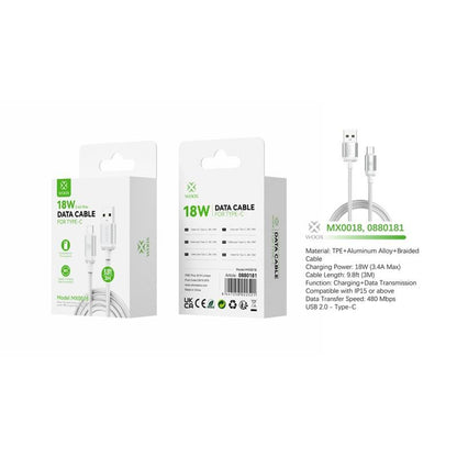 Woox USB to Type C Braided Data Cable, 18W 3.4A Max, 9.8ft 3m, White/Black