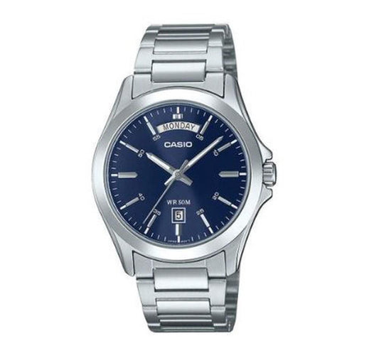 Casio Mens Stainless Steel Day-Date Blue Dial Watch