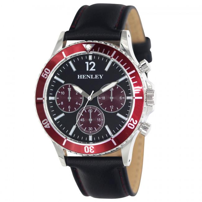 Henley Mens Polished Round Sports Case with Leather Strap Watch H02210 Available Multiple Colour