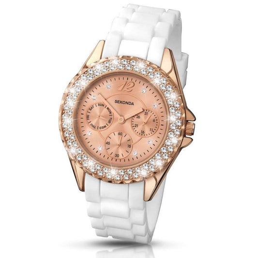 Sekonda Ladies Wrist Watch Rose Gold Face White Strap 4663