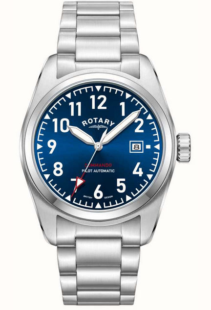 Rotary Mens Commando Dated Blue Dial And Silver Stainless Steel Bracelet Watch