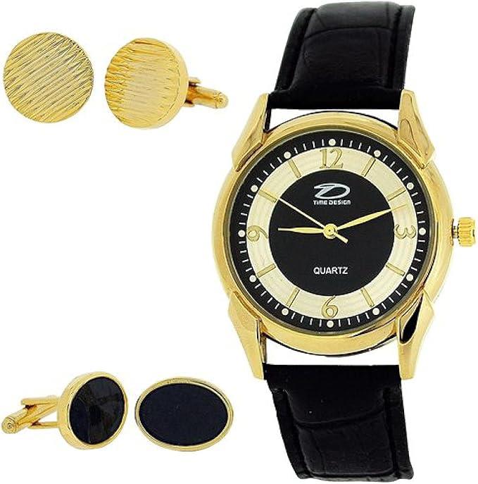 Time Design Mens Analogue Black Leather Strap Watch & Two Pair of Cufflinks Gift Set TDX0713G30 - CLEARANCE NEEDS RE-BATTERY