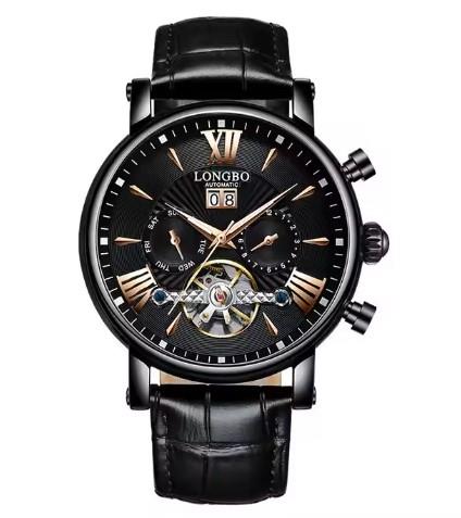 Longbo Mens Automatic Hollow mechanical Dial Analogue Gun/Black Leather Strap Watch