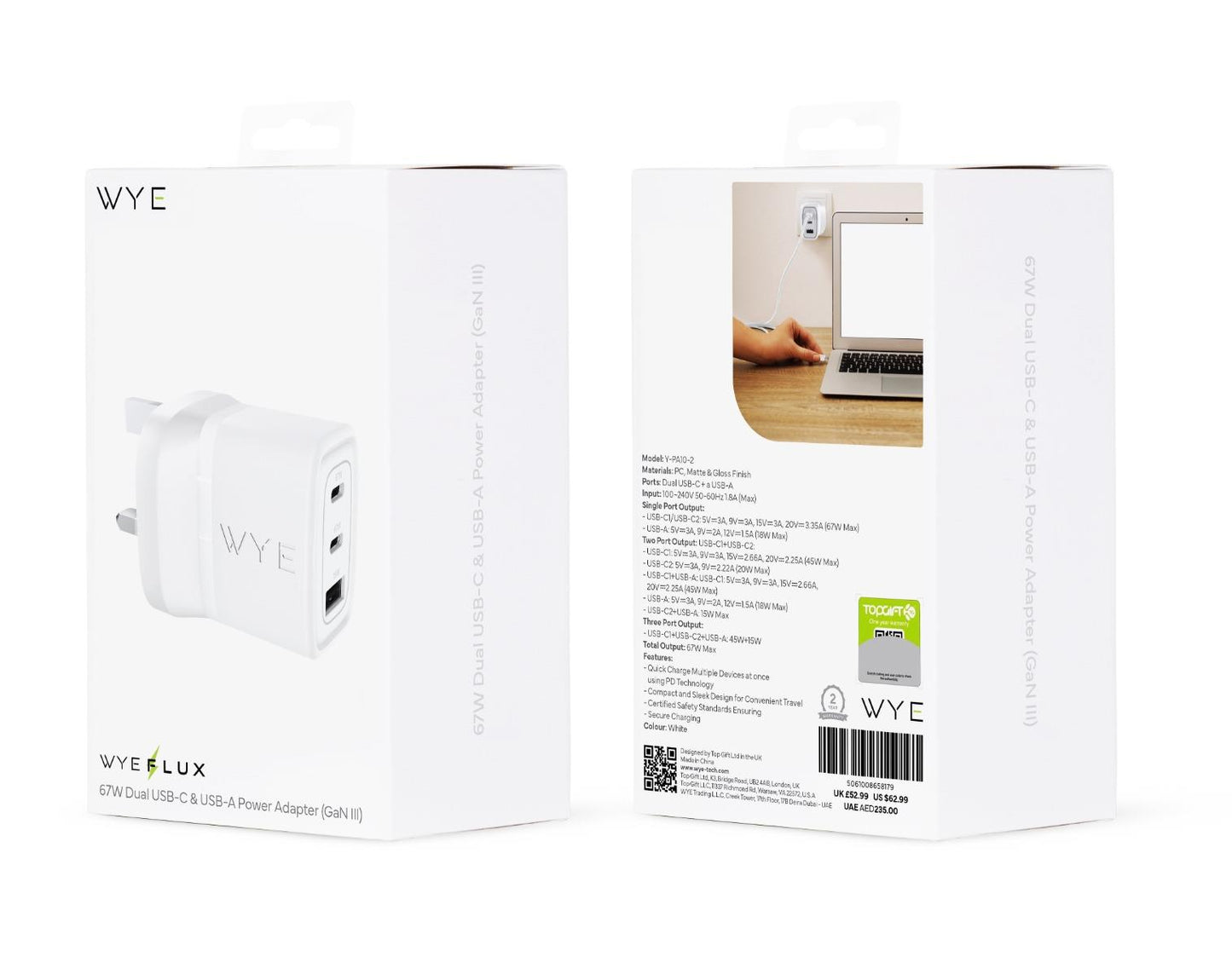 WYEFLUX 67W Dual USB Type-C & USB-A Power Adapter GaN III