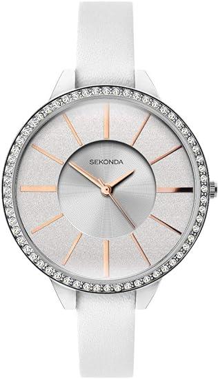 Sekonda Ladies Editions with Silver Glitter Dial and White Leather Strap Watch 40003