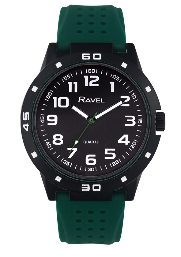 Ravel Men's Black Cased with Colour Co-ordinated Bezel on Silicone Sports Green Strap Watch