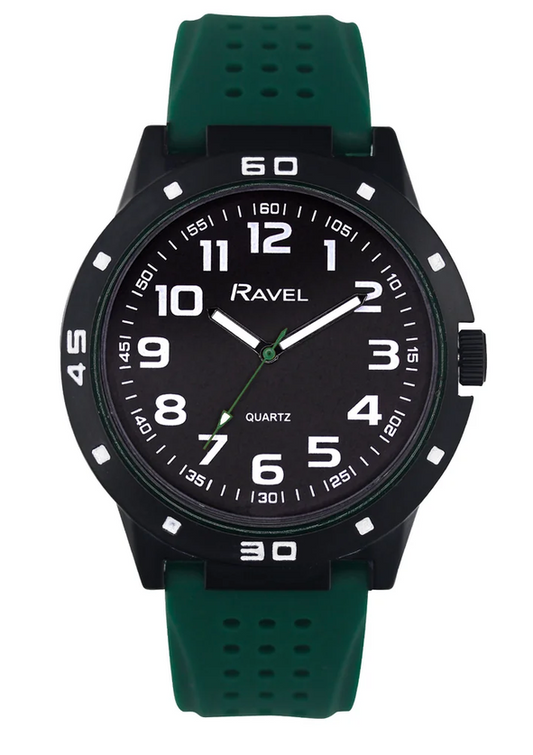 Ravel Men's Black Cased with Colour Co-ordinated Bezel on Silicone Sports Green Strap Watch