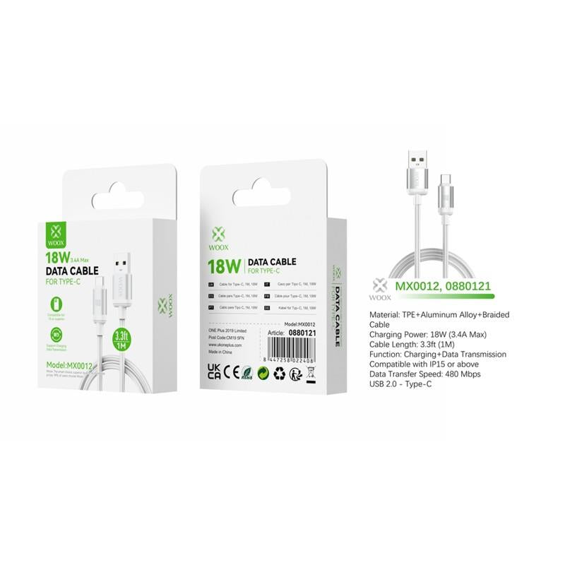 Woox MX0012 USB to Type C Braided Data Cable, 18W, 3.3ft 1m, White