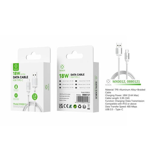 Woox MX0012 USB to Type C Braided Data Cable, 18W, 3.3ft 1m, White