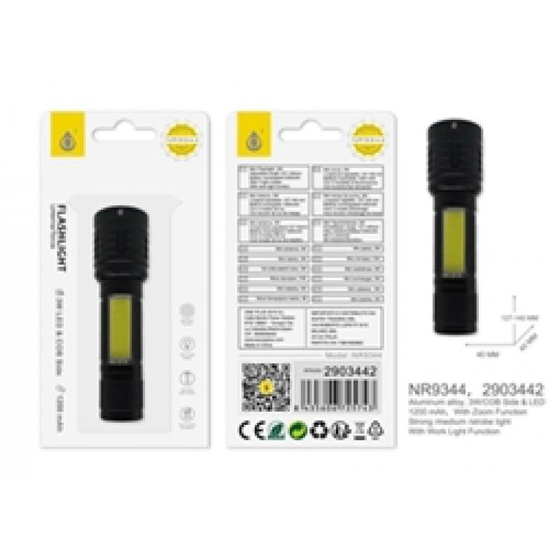 2 in 1 Pocket Rechargeable Flash-light with COB Side & LED, 3W 1200Mah, 4*12.7/14CM, Black
