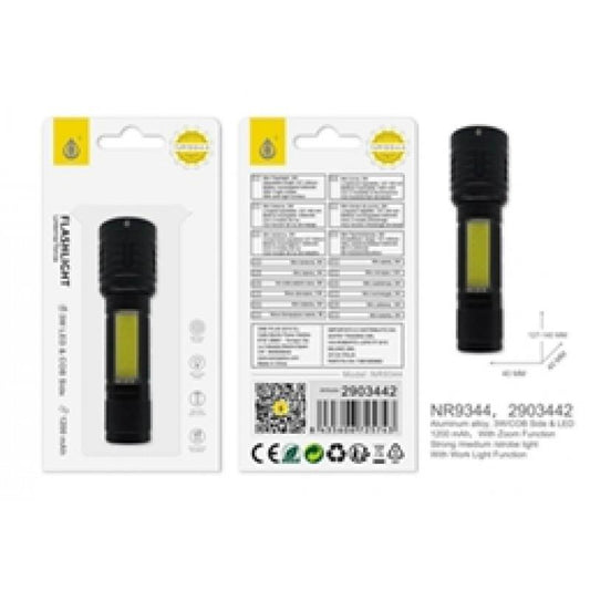 2 in 1 Pocket Rechargeable Flash-light with COB Side & LED, 3W 1200Mah, 4*12.7/14CM, Black