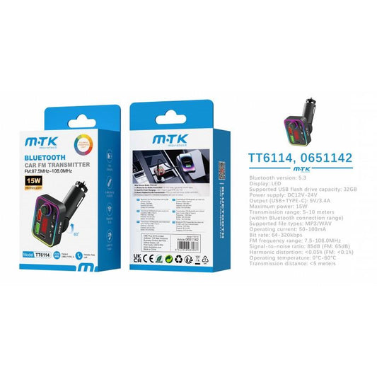 Bluetooth FM Transmitter, BT V5.3 with RGB Lights, Hands Free, Dual USB & PD 15W, Black TT6114