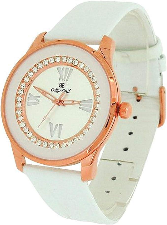 Oskar Emil Ladies Ruby White Bling Silver Dial with White Leather Strap Watch CLEARANCE - NEEDS RE-BATTERY