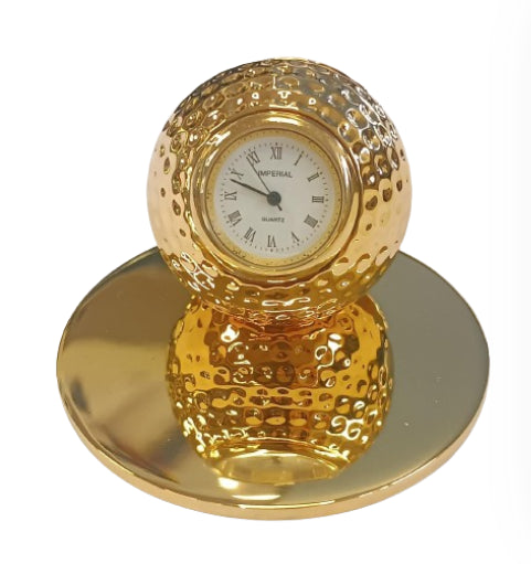 Miniature Clock Goldtone Plated Metal Golf Ball on Stand Solid Brass IMP73G- CLEARANCE NEEDS RE-BATTERY