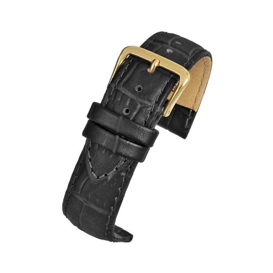 Black Padded Crocodile Grain Leather Watch Strap Available Sizes 12mm-26mm