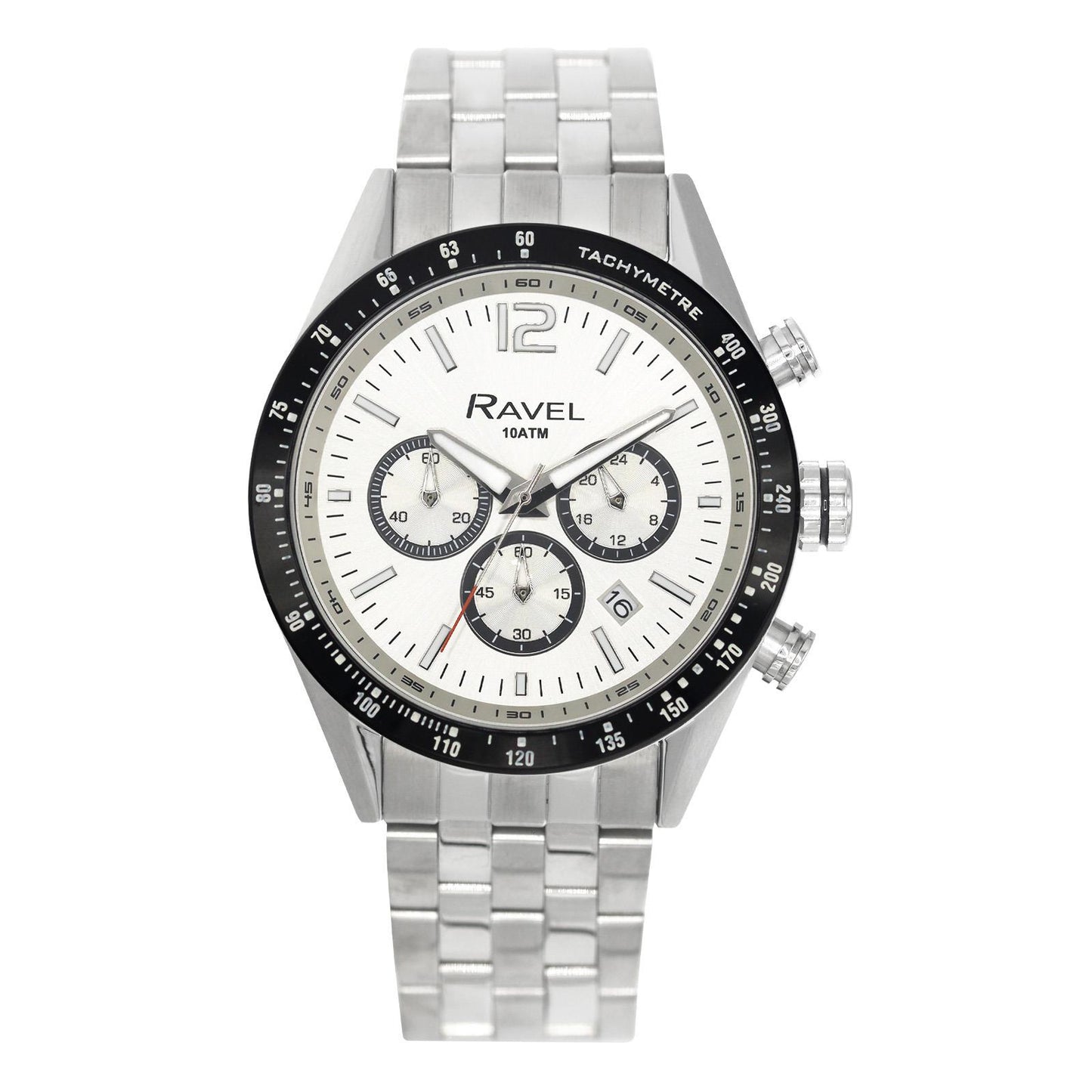 Ravel Mens Fashion 100m Water Resistant Chronograph Dated Dial Silver Plated Bracelet Watch RPR-MB Available Multi Colors