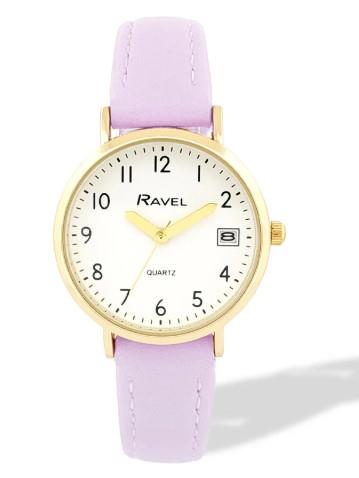 Ravel Ladies Basic Golden case Dated White Dial With Faux Leather Strap Watch Available Multiple Colour