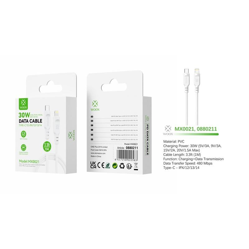 Woox Type-C to Lightning PVC Data Cable, 30W - 5V/3A, 9V/3A, 15V/2A, 20V/1.5A Max, 3.3ft/6.6ft/9.8ft 1m/2m/3m, White/Black