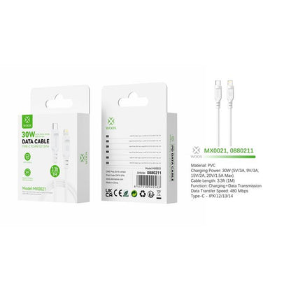 Woox Type-C to Lightning PVC Data Cable, 30W - 5V/3A, 9V/3A, 15V/2A, 20V/1.5A Max, 3.3ft/6.6ft/9.8ft 1m/2m/3m, White/Black