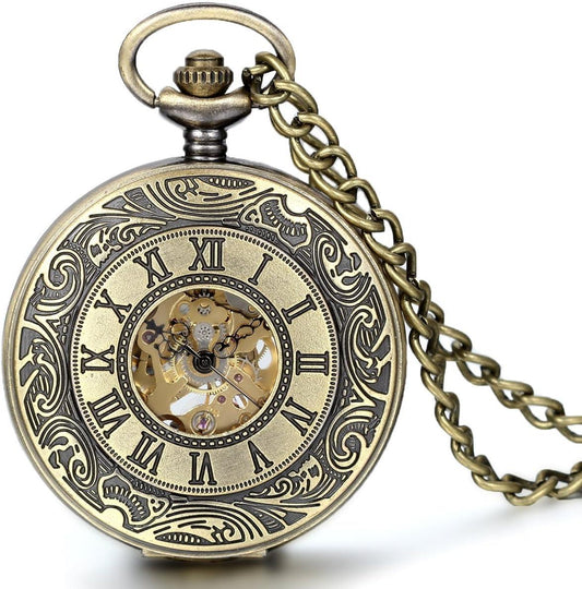 Mens & Ladies Mechanical Hand Winding Half Hunter Steampunk Golden Pocket Watch