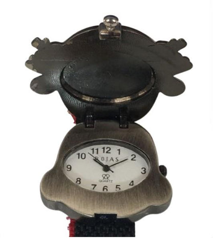 Rojas Children's Girls Boys Distinctive Selection Quartz Metal Folding Cover White Dial with Black/Red Velcro Strap Watch - CLEARANCE NEEDS RE-BATTERY