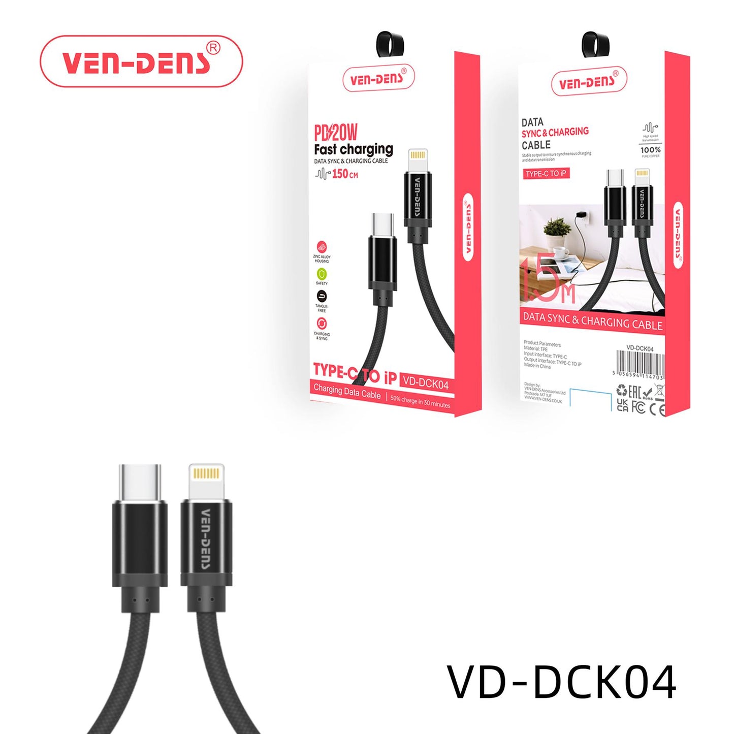 Ven-Dens Data Sync & Fast Charging Cable USB C To Lightning Cable