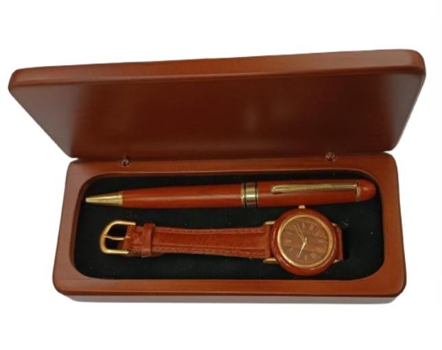 Imperial Ladies Leather Strap Watch with Wood Matt Brown Gold Trim Ball Pen IMP358R Watch Gift Set - CLEARANCE NEEDS RE-BATTERY & Refill