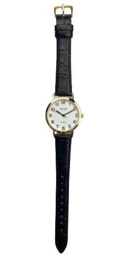 Pelex Mens Gold Case White Dial Black Leather Strap Quartz Watch PLX-056 M832A