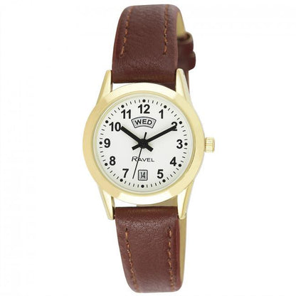 Ravel Ladies Gilt Day/Date Faux Leather Strap Watch R0706L