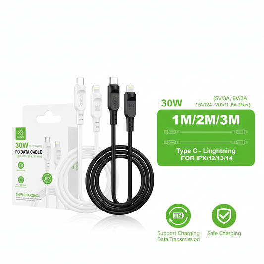 Woox Type-C to Lightning PVC Data Cable, 30W - 5V/3A, 9V/3A, 15V/2A, 20V/1.5A Max, 3.3ft/6.6ft/9.8ft 1m/2m/3m, White/Black