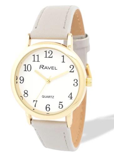 Ravel Ladies Basic Medium Gilt Case White Dial Leather Strap Watch Available Multiple Colour