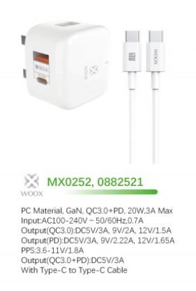 WOOX MX0252 20W PD+QC Home Charger with Type-C to Type-C Fast Cable, 5V 3A, White