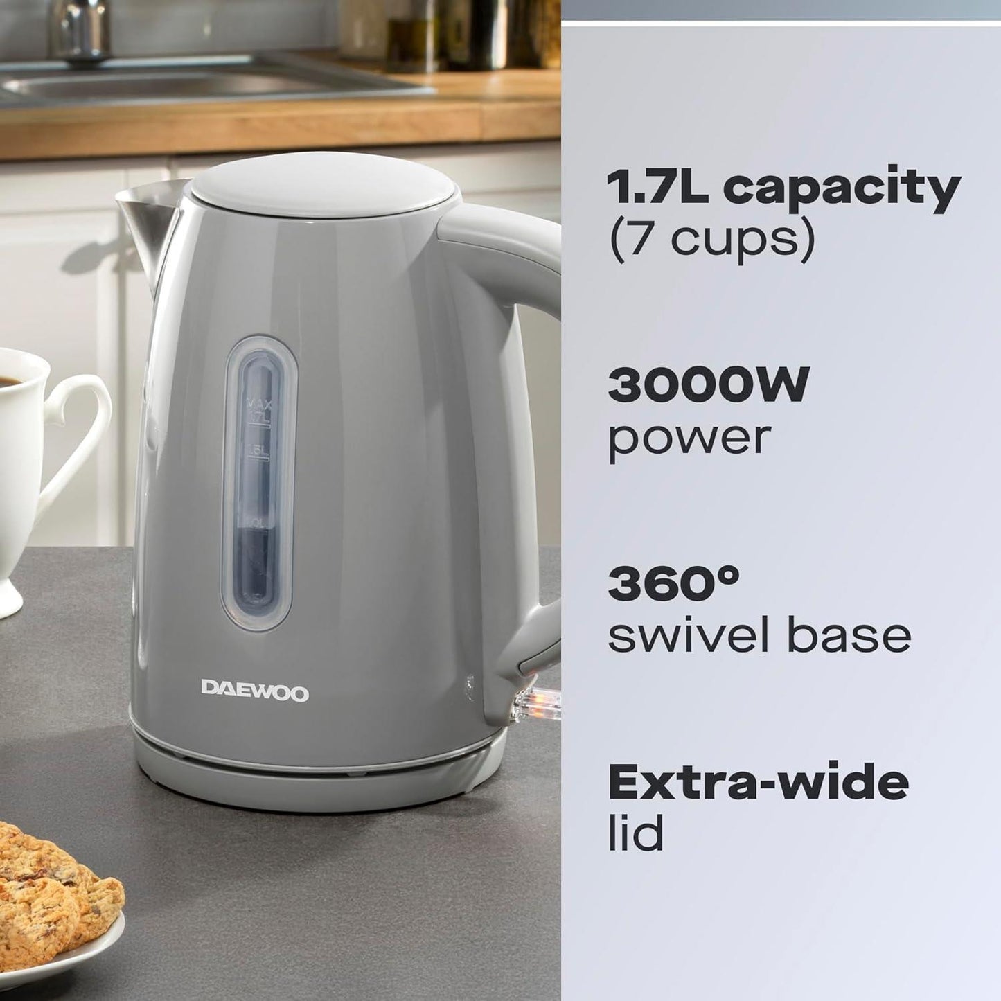 Daewoo Grey Kensington 1.7L Jug Kettle 3000W