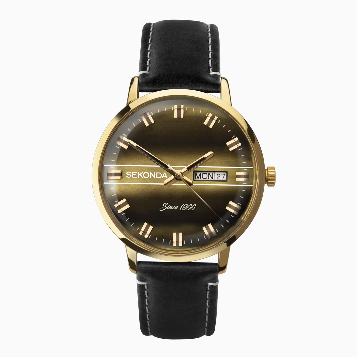 Sekonda Mens Gold Case & Black Leather Strap with Day Date Gold Dial Watch 1950