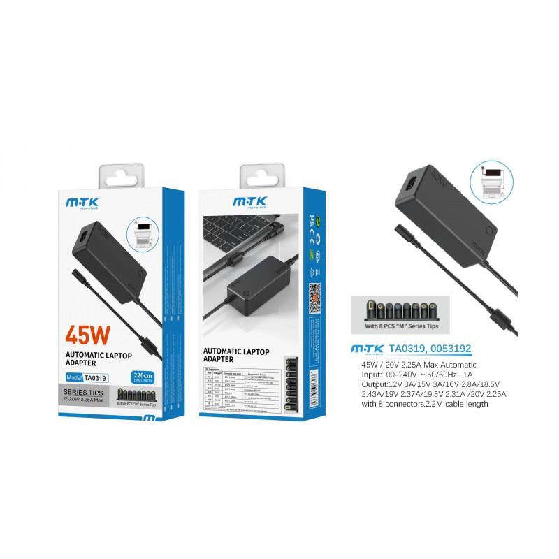 45W Automatic Universal Laptop Charging Adapter, 11pcs "M"series tips, 1.2M, 12-20V, 2.25A, Black