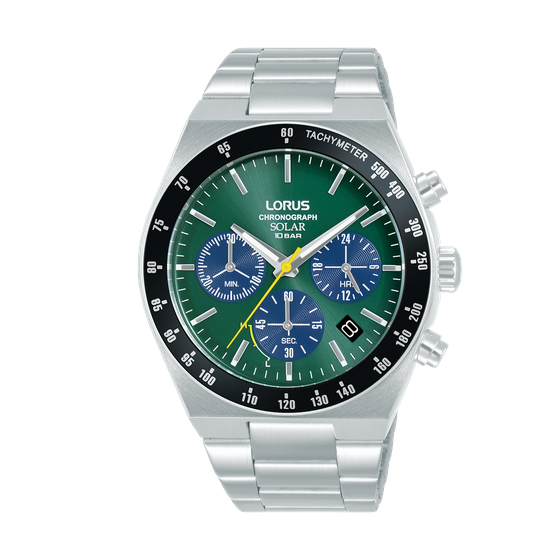 LORUS MENS SOLAR CHRONOGRAPH GENTS STAINLESS STEEL GREEN DIAL BRACELET WATCH