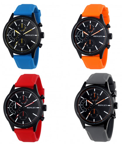 Henley Mens Fashion Multi Eye Black Dial With Sports Large Silicone Strap Watch H02222 Available Multiple Colour