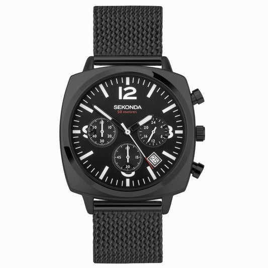 Sekonda mens Airborne Chronograph Black Alloy Case & Stainless Steel Mesh Bracelet with Black Dial watch 30102