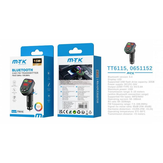 Bluetooth FM Transmitter, BT V5.3 with RGB Lights, Hands Free, Dual USB & PD 15W, Black TT6115