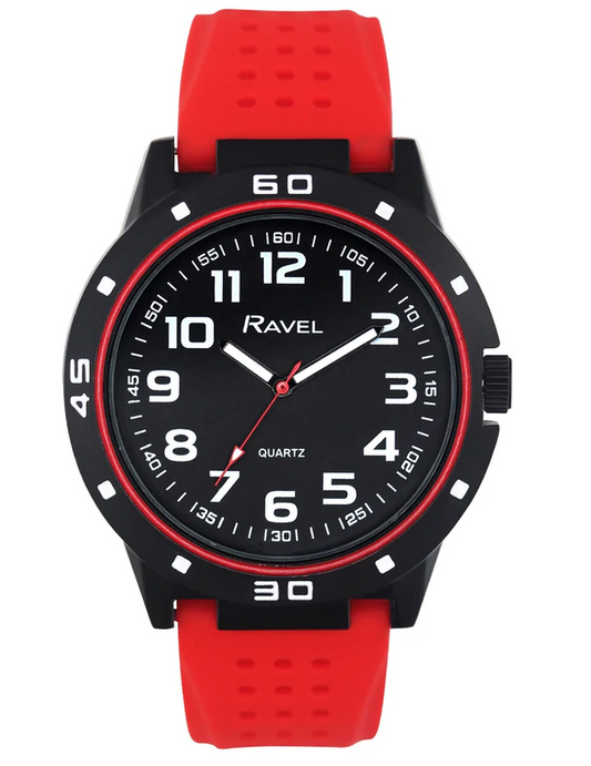 Ravel Men's Black Cased with Colour Co-ordinated Bezel on Silicone Sports Red Strap Watch